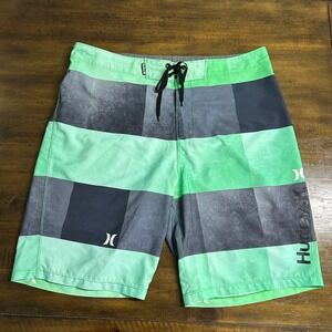 Hurley Phantom Men 34 Board Shorts Green Grey Checkered Swim Trunks Pocket
